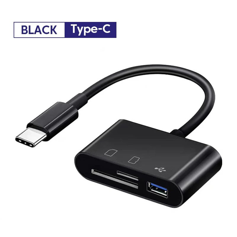 Type-C Multi-Function OTG Adapter with SD/TF Card Reader and USB-A Port for Smartphones, Tablets, and Laptops