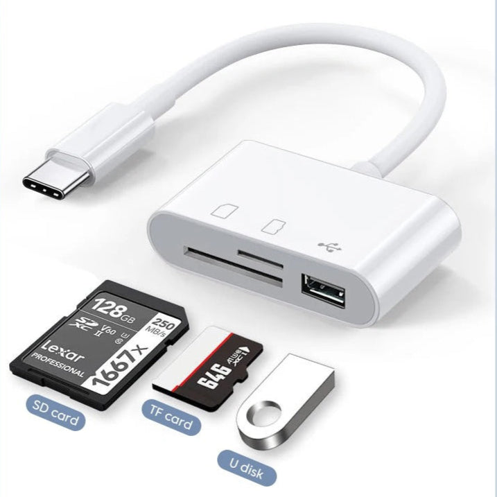 Type-C Multi-Function OTG Adapter with SD/TF Card Reader and USB-A Port for Smartphones, Tablets, and Laptops